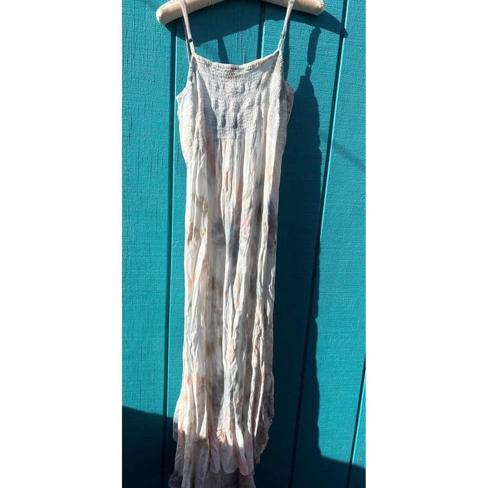 Romantic Boho Me Tie Dye Ruffle Midi Dress Blue Peach Smocked Tie Front High Low - Picture 6 of 7